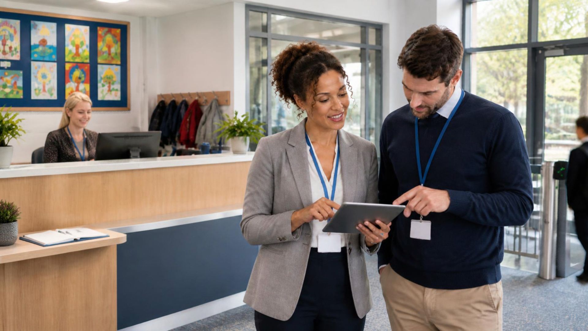 Two school staff checking a tablet at a school reception