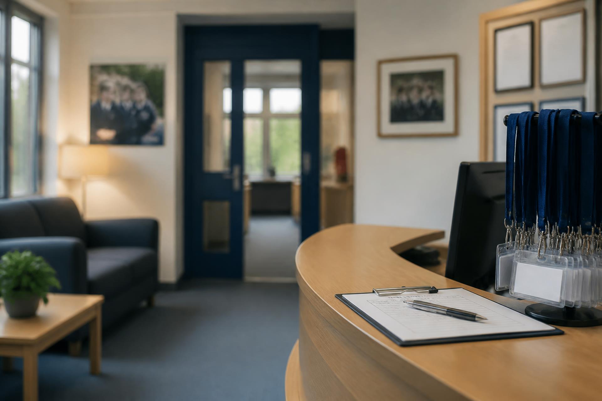 School reception sign-in desk with visitor lanyards, reflecting KCSIE 2026 safeguarding standards
